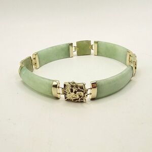 Vtg Signed 14K 585 Pale Green JADE JADEITE Dragon Panel Chinese Estate Bracelet